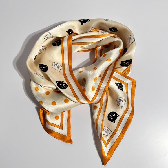 Cats & Polka Dots Orange & White Double-Layer Pure Silk Skinny Scarf - Picture 4 of 6